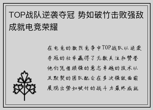 TOP战队逆袭夺冠 势如破竹击败强敌成就电竞荣耀