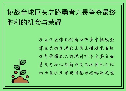 挑战全球巨头之路勇者无畏争夺最终胜利的机会与荣耀