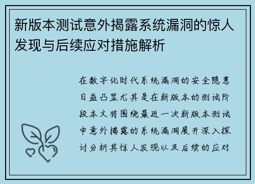 新版本测试意外揭露系统漏洞的惊人发现与后续应对措施解析