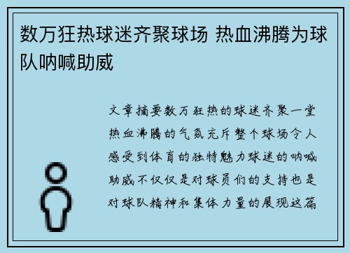 数万狂热球迷齐聚球场 热血沸腾为球队呐喊助威