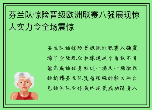 芬兰队惊险晋级欧洲联赛八强展现惊人实力令全场震惊