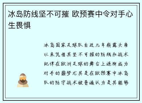 冰岛防线坚不可摧 欧预赛中令对手心生畏惧