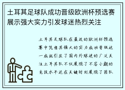 土耳其足球队成功晋级欧洲杯预选赛展示强大实力引发球迷热烈关注