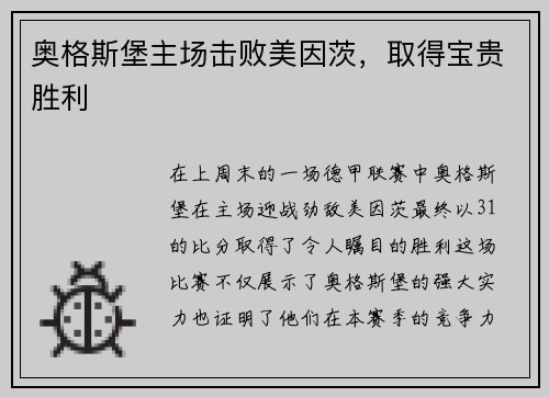 奥格斯堡主场击败美因茨，取得宝贵胜利