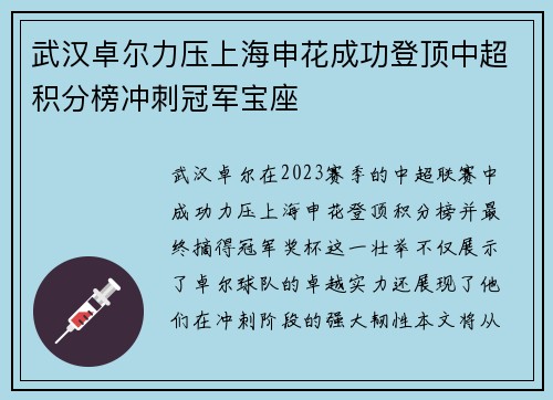 武汉卓尔力压上海申花成功登顶中超积分榜冲刺冠军宝座