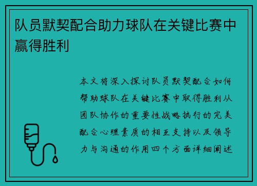 队员默契配合助力球队在关键比赛中赢得胜利