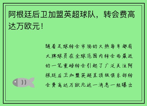 阿根廷后卫加盟英超球队，转会费高达万欧元！