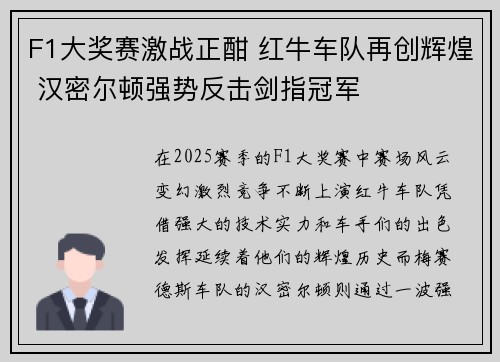 F1大奖赛激战正酣 红牛车队再创辉煌 汉密尔顿强势反击剑指冠军