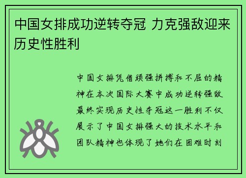 中国女排成功逆转夺冠 力克强敌迎来历史性胜利